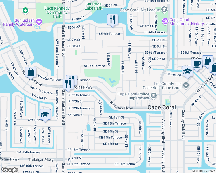 map of restaurants, bars, coffee shops, grocery stores, and more near 307 Southeast 10th Terrace in Cape Coral