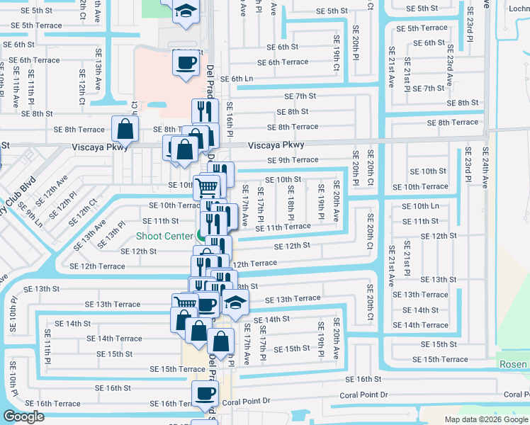 map of restaurants, bars, coffee shops, grocery stores, and more near 1035 Southeast 17th Place in Cape Coral