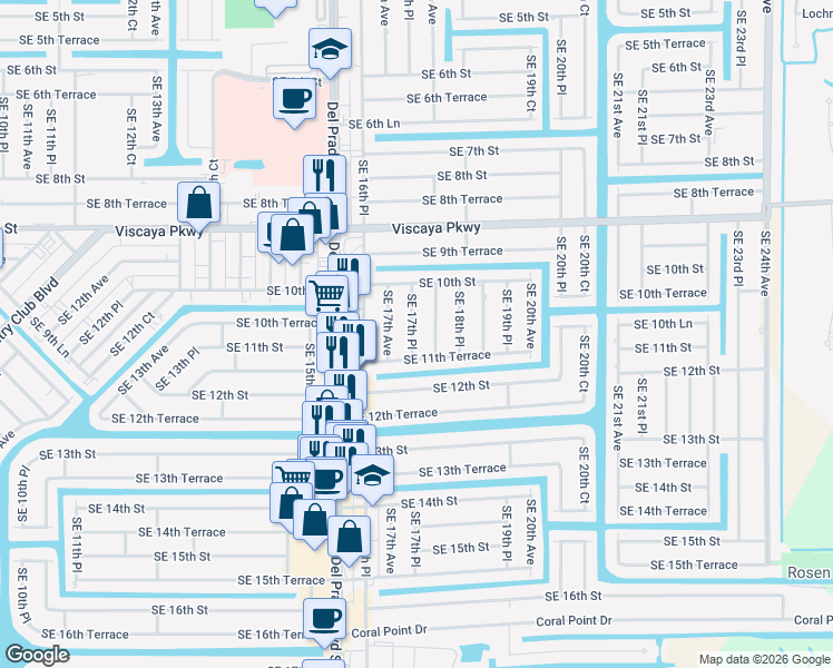 map of restaurants, bars, coffee shops, grocery stores, and more near 1035 SE 17th Pl in Cape Coral