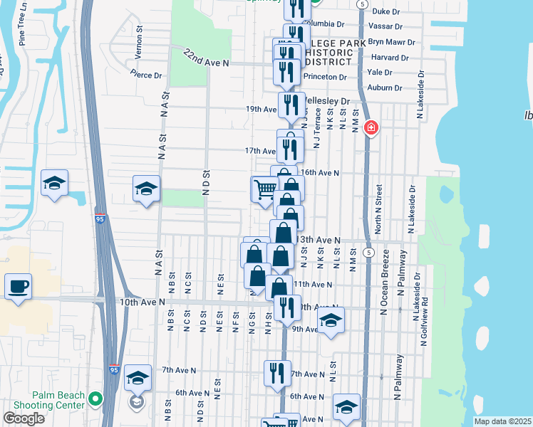 map of restaurants, bars, coffee shops, grocery stores, and more near 1337 North Dixie Highway in Lake Worth