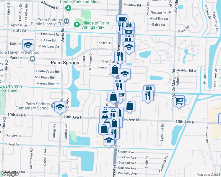 map of restaurants, bars, coffee shops, grocery stores, and more near 3003 South Congress Avenue in Palm Springs