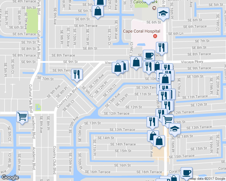 map of restaurants, bars, coffee shops, grocery stores, and more near 1027 Southeast 12th Court in Cape Coral