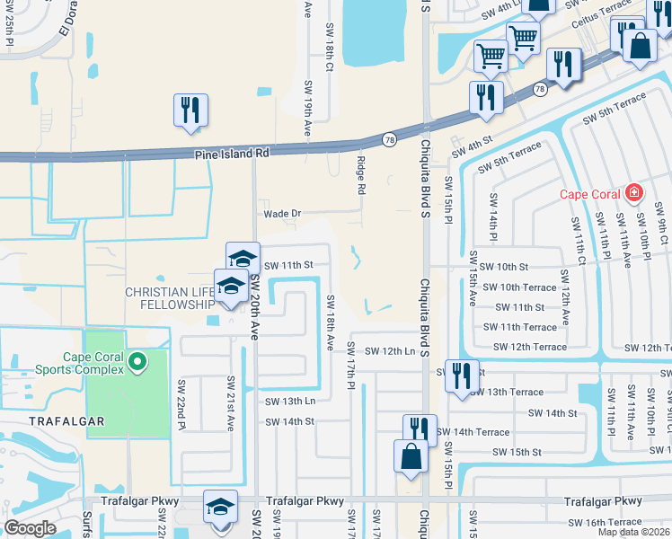 map of restaurants, bars, coffee shops, grocery stores, and more near 1103 Southwest 18th Avenue in Cape Coral