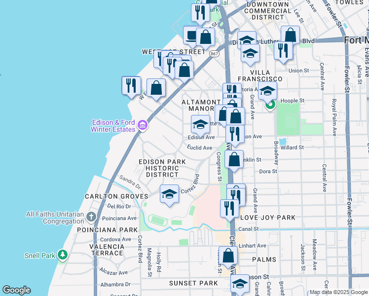 map of restaurants, bars, coffee shops, grocery stores, and more near 2430 Euclid Avenue in Fort Myers