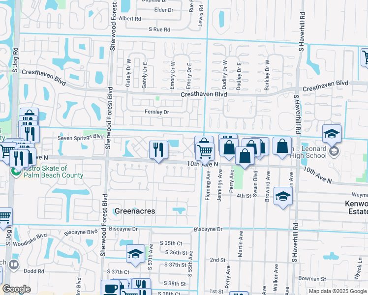 map of restaurants, bars, coffee shops, grocery stores, and more near 2904 Poolside Drive in Greenacres