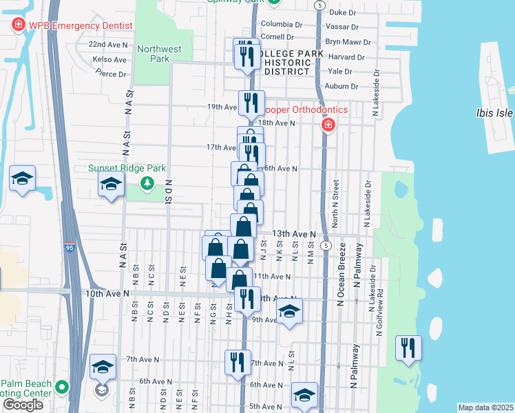 map of restaurants, bars, coffee shops, grocery stores, and more near 1402 North Dixie Highway in Lake Worth