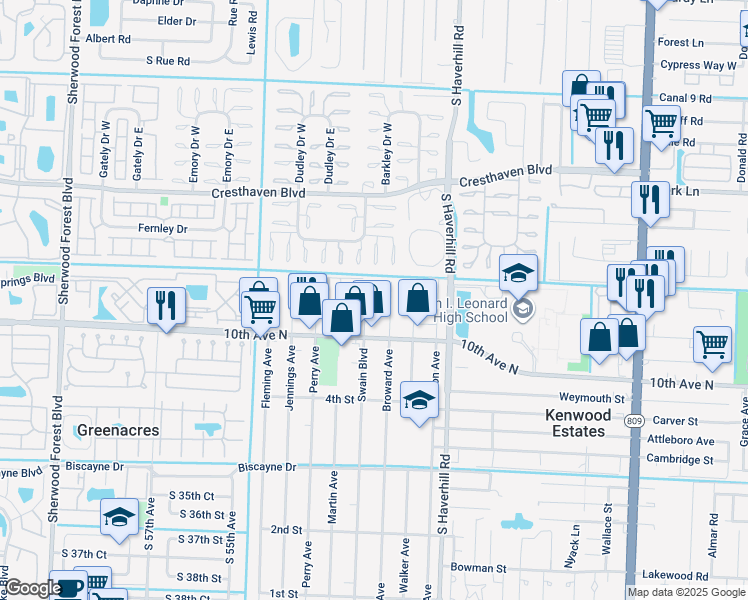 map of restaurants, bars, coffee shops, grocery stores, and more near 3071 Broward Avenue in Greenacres