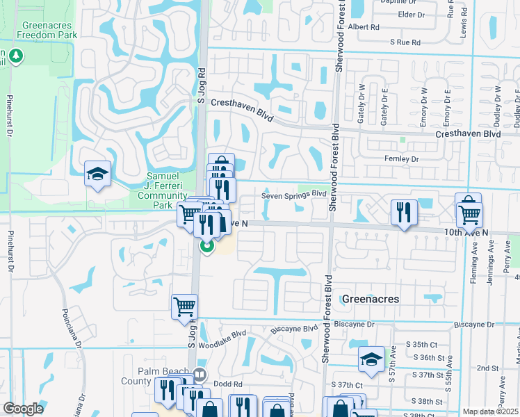 map of restaurants, bars, coffee shops, grocery stores, and more near 6254 Seven Springs Boulevard in Greenacres