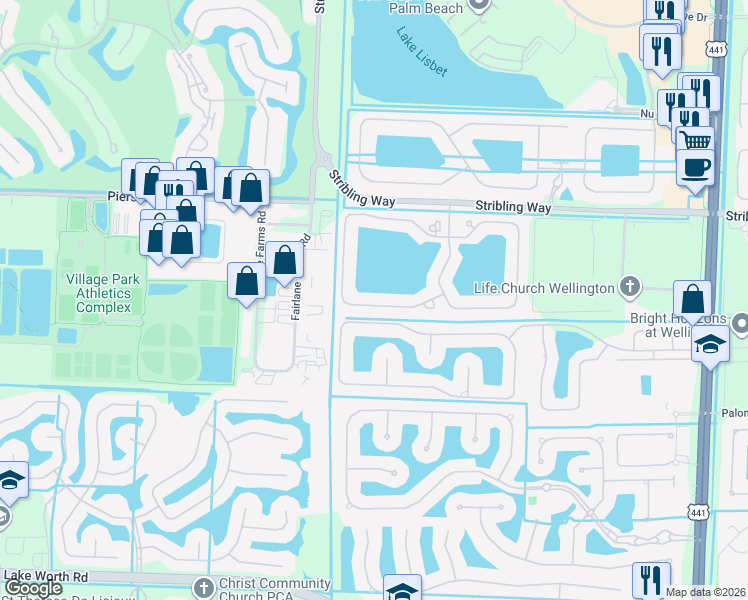 map of restaurants, bars, coffee shops, grocery stores, and more near 10699 Ivanhoe Lane in Wellington