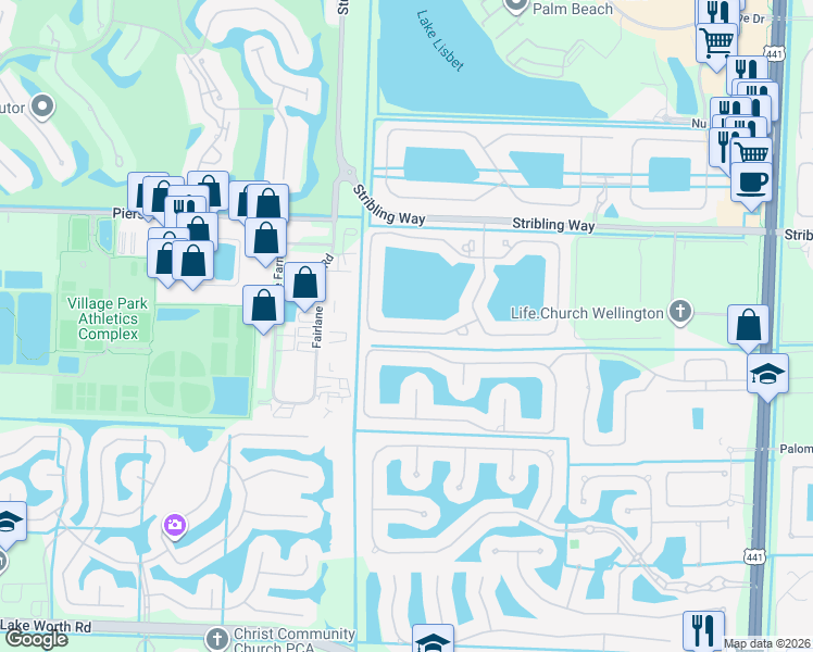 map of restaurants, bars, coffee shops, grocery stores, and more near 10691 Ivanhoe Lane in Wellington