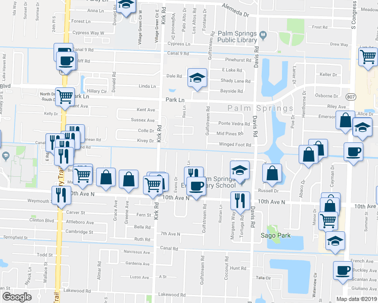 map of restaurants, bars, coffee shops, grocery stores, and more near Reo Lane in Palm Springs