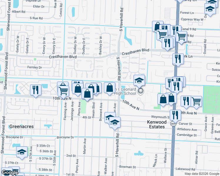 map of restaurants, bars, coffee shops, grocery stores, and more near 3072 Walker Avenue in Greenacres