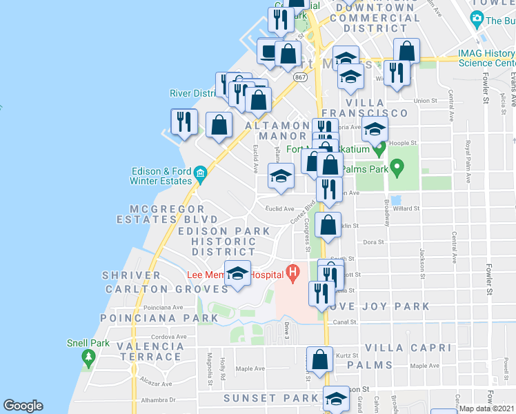 map of restaurants, bars, coffee shops, grocery stores, and more near 2430 Euclid Avenue in Fort Myers