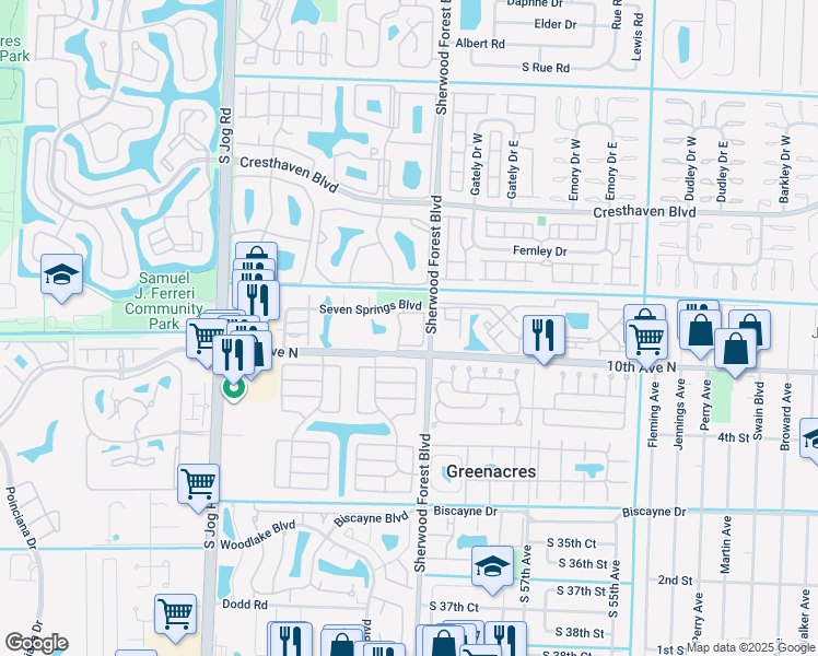 map of restaurants, bars, coffee shops, grocery stores, and more near 6013 10th Avenue North in Greenacres