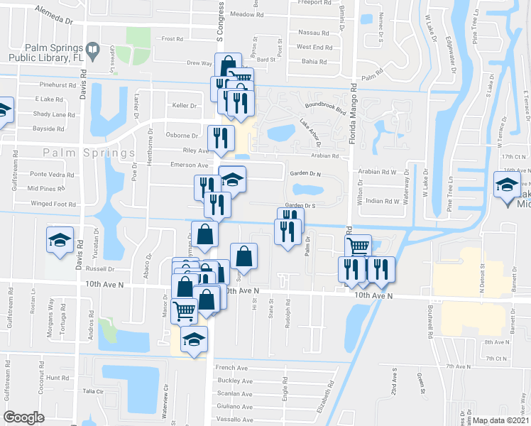 map of restaurants, bars, coffee shops, grocery stores, and more near 2812 Garden Drive South in Lake Worth