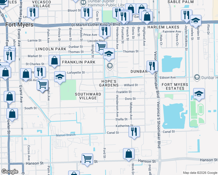 map of restaurants, bars, coffee shops, grocery stores, and more near 3213 Willin Street in Fort Myers