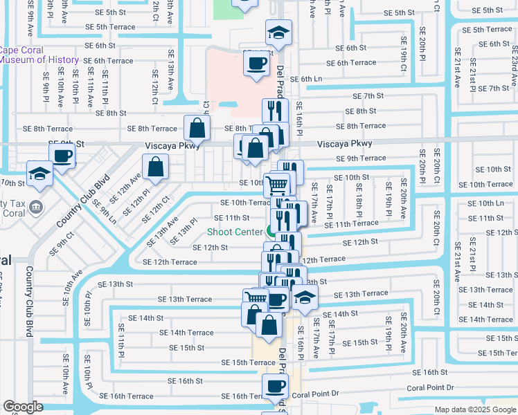 map of restaurants, bars, coffee shops, grocery stores, and more near 1451 Southeast 11th Street in Cape Coral