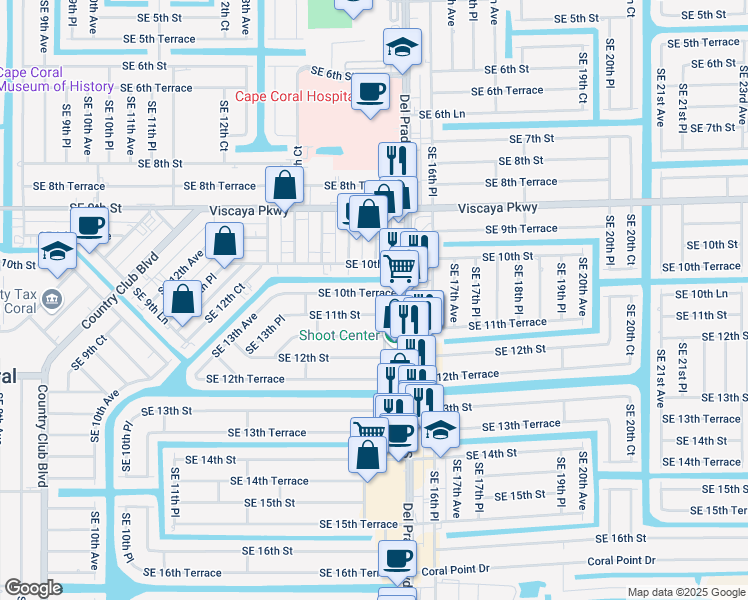 map of restaurants, bars, coffee shops, grocery stores, and more near 1451 Southeast 11th Street in Cape Coral