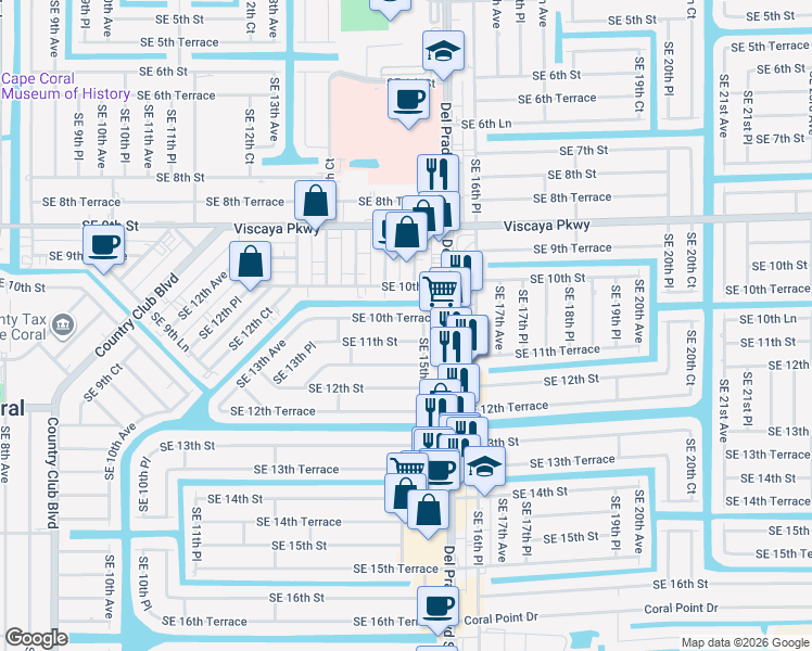 map of restaurants, bars, coffee shops, grocery stores, and more near 1451 Southeast 11th Street in Cape Coral