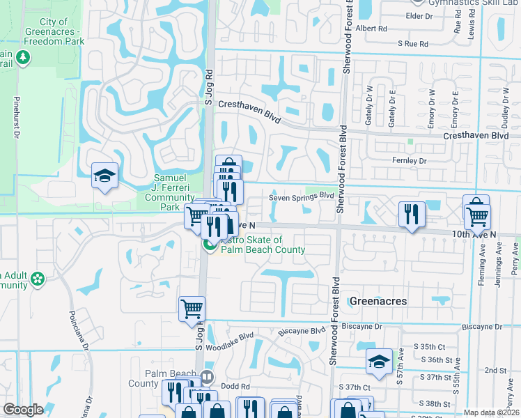 map of restaurants, bars, coffee shops, grocery stores, and more near 6254 Seven Springs Boulevard in Greenacres
