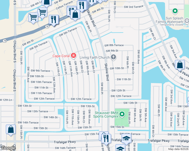 map of restaurants, bars, coffee shops, grocery stores, and more near 1010 Southwest 8th Court in Cape Coral