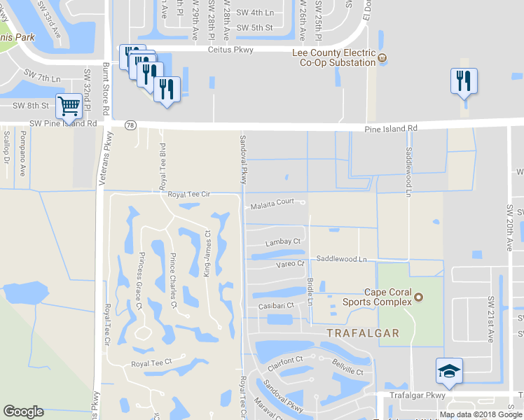 map of restaurants, bars, coffee shops, grocery stores, and more near 2640 Malaita Court in Cape Coral