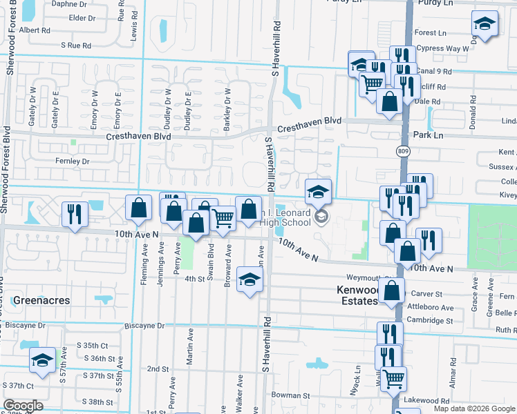 map of restaurants, bars, coffee shops, grocery stores, and more near 3072 Walker Avenue in Greenacres