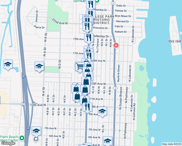 map of restaurants, bars, coffee shops, grocery stores, and more near 1402 North Dixie Highway in Lake Worth