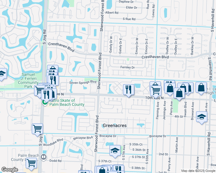 map of restaurants, bars, coffee shops, grocery stores, and more near 4101 Inlet Circle in Greenacres