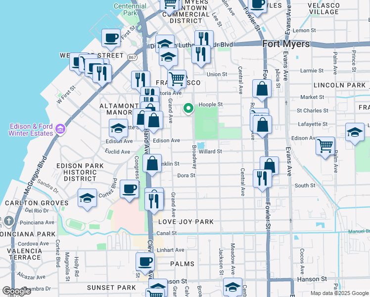 map of restaurants, bars, coffee shops, grocery stores, and more near 2102 Willard Street in Fort Myers