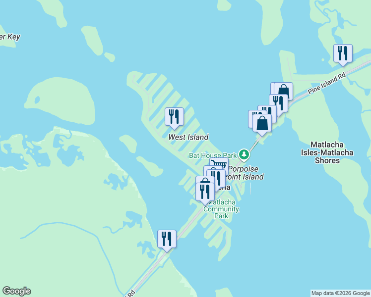 map of restaurants, bars, coffee shops, grocery stores, and more near 11611 Island Avenue in Matlacha