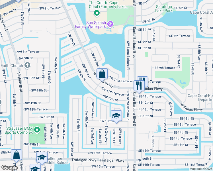 map of restaurants, bars, coffee shops, grocery stores, and more near 222 Nicholas Parkway in Cape Coral