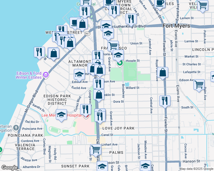 map of restaurants, bars, coffee shops, grocery stores, and more near 2424 Grand Avenue in Fort Myers