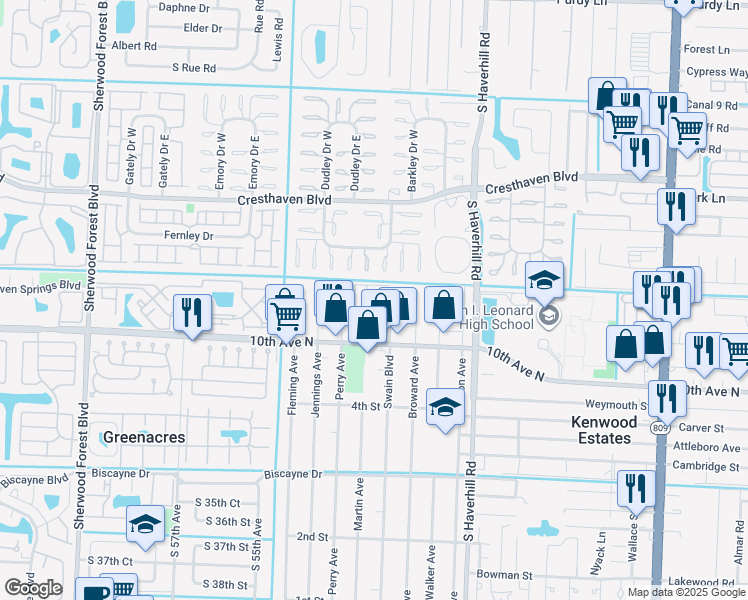 map of restaurants, bars, coffee shops, grocery stores, and more near 3070 Martin Avenue in Greenacres
