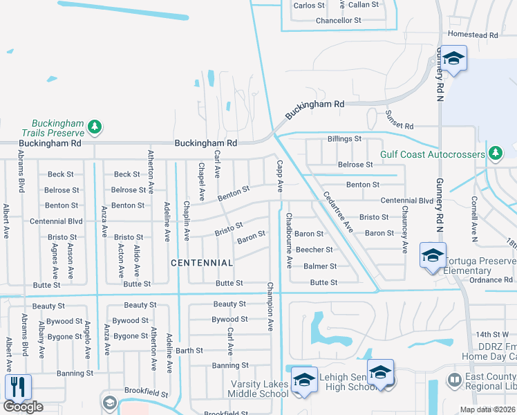 map of restaurants, bars, coffee shops, grocery stores, and more near 5220 Bristo Street in Lehigh Acres