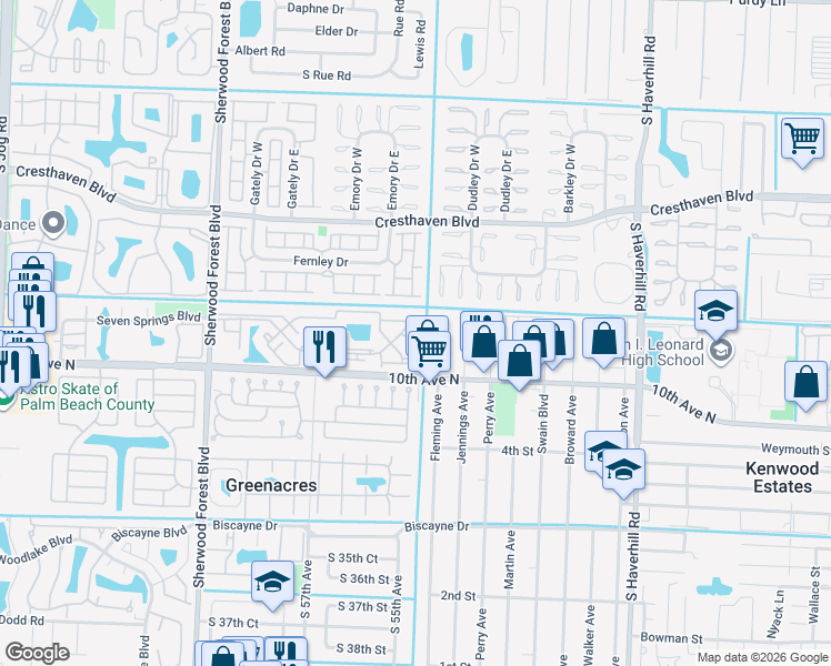 map of restaurants, bars, coffee shops, grocery stores, and more near 1506 Wharf Ln in Greenacres