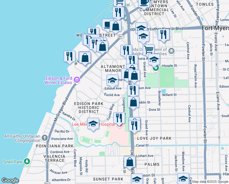 map of restaurants, bars, coffee shops, grocery stores, and more near 2401 Euclid Avenue in Fort Myers