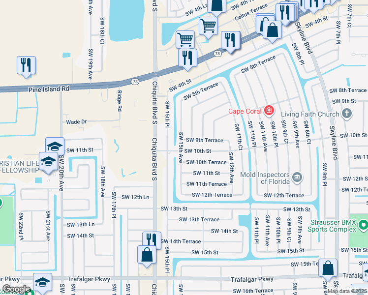 map of restaurants, bars, coffee shops, grocery stores, and more near 1506 Southwest 10th Street in Cape Coral