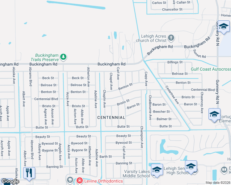 map of restaurants, bars, coffee shops, grocery stores, and more near 5258 Centennial Boulevard in Lehigh Acres