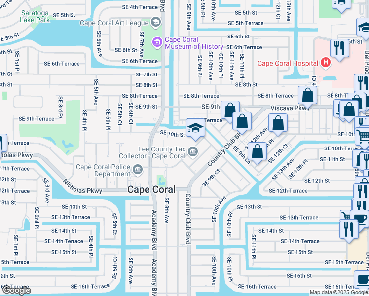 map of restaurants, bars, coffee shops, grocery stores, and more near 1030 Southeast 9th Avenue in Cape Coral