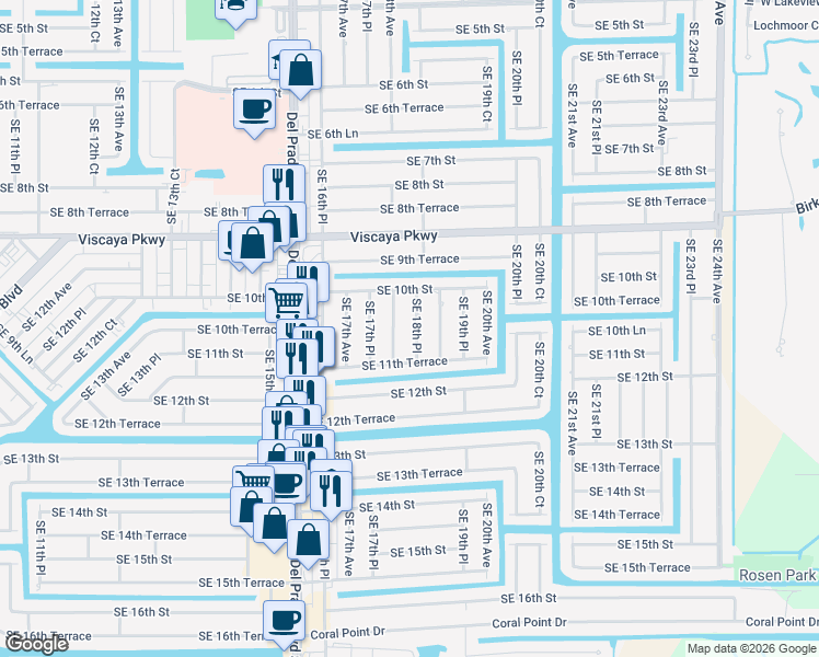 map of restaurants, bars, coffee shops, grocery stores, and more near 1024 Southeast 18th Place in Cape Coral