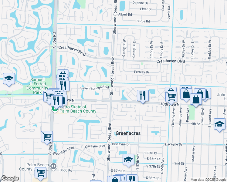 map of restaurants, bars, coffee shops, grocery stores, and more near 5985 Sherwood Forest Boulevard in Greenacres