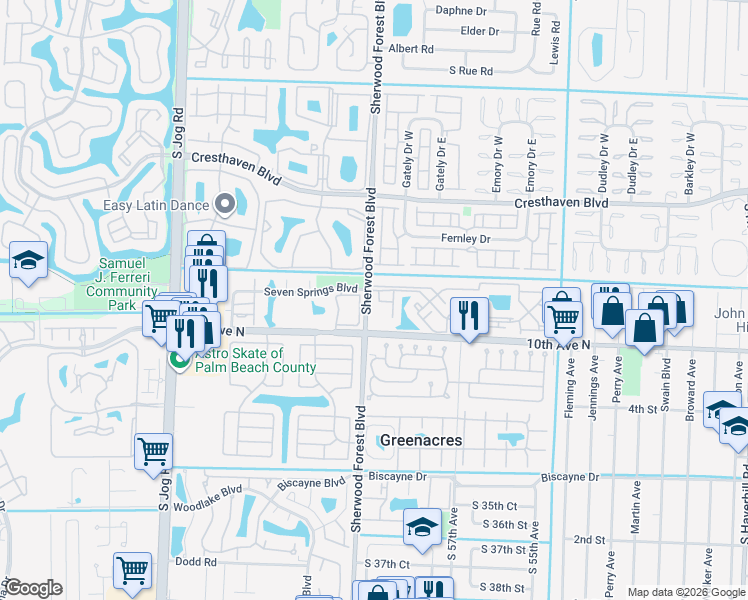 map of restaurants, bars, coffee shops, grocery stores, and more near 6604 Dockside Circle in Greenacres
