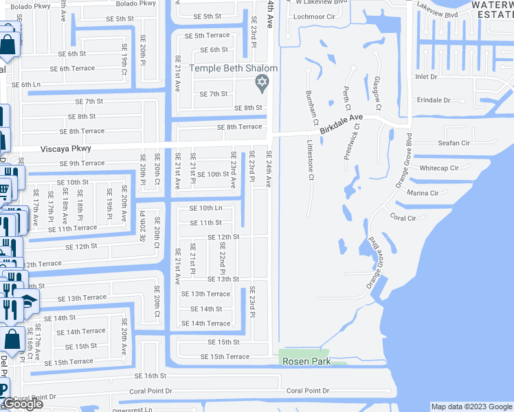 map of restaurants, bars, coffee shops, grocery stores, and more near 1019 Southeast 23rd Place in Cape Coral