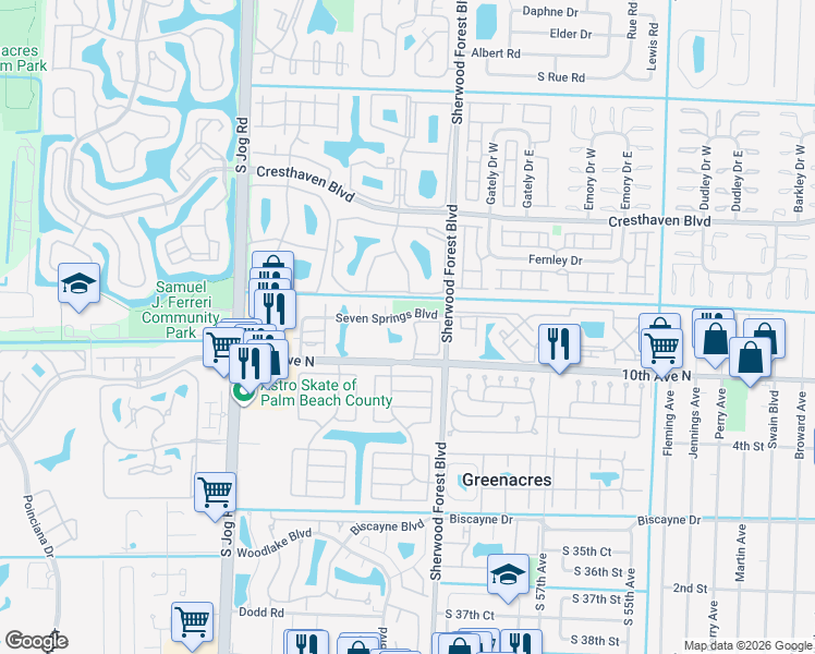 map of restaurants, bars, coffee shops, grocery stores, and more near 6013 10th Avenue North in Greenacres