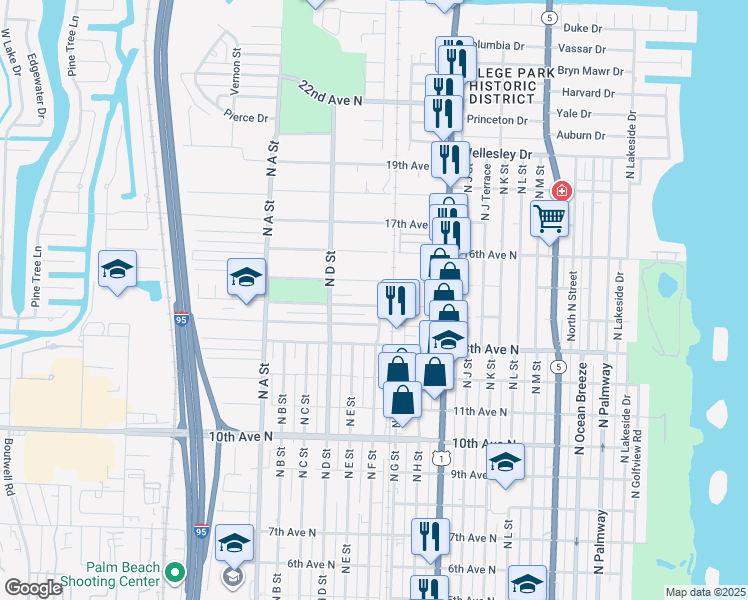 map of restaurants, bars, coffee shops, grocery stores, and more near 1328 North F Street in Lake Worth