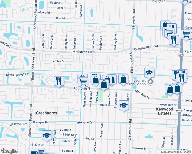 map of restaurants, bars, coffee shops, grocery stores, and more near 3085 Perry Avenue in Greenacres