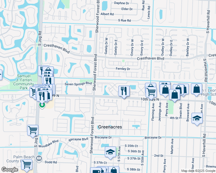 map of restaurants, bars, coffee shops, grocery stores, and more near 4101 Inlet Circle in Greenacres