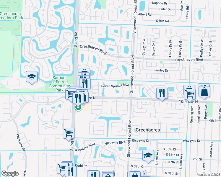 map of restaurants, bars, coffee shops, grocery stores, and more near 6181 Seven Springs Boulevard in Greenacres