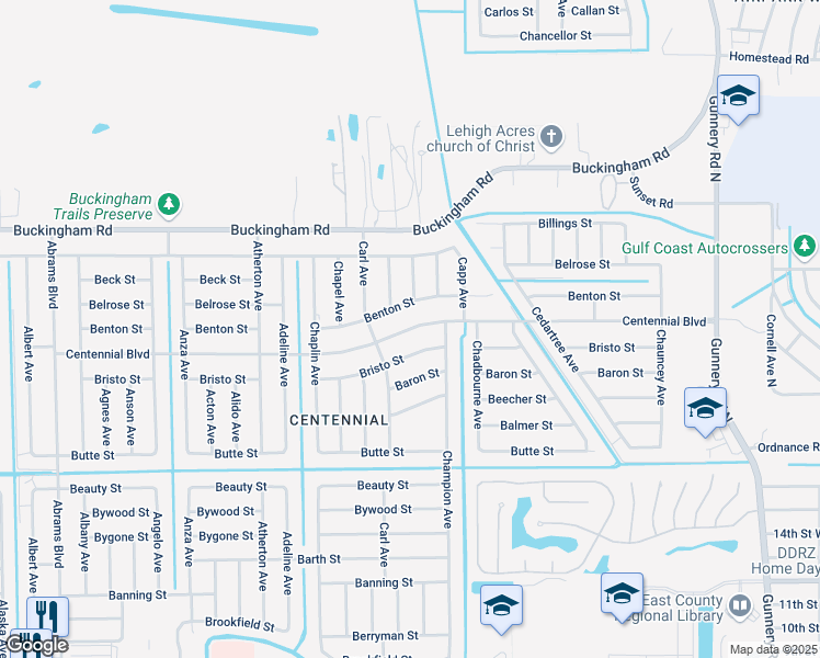 map of restaurants, bars, coffee shops, grocery stores, and more near 5220 Bristo Street in Lehigh Acres